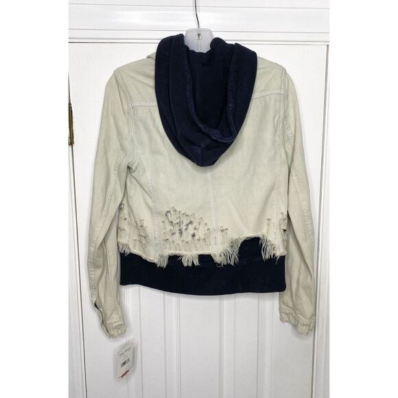 Free People Women's Double Weave Denim Jacket Very Distressed‎ Navy White XS New - Picture 6 of 9